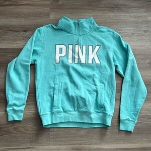 PINK Turquoise White 1/3 Zip Pop On Graphic Sweater Women Size XS